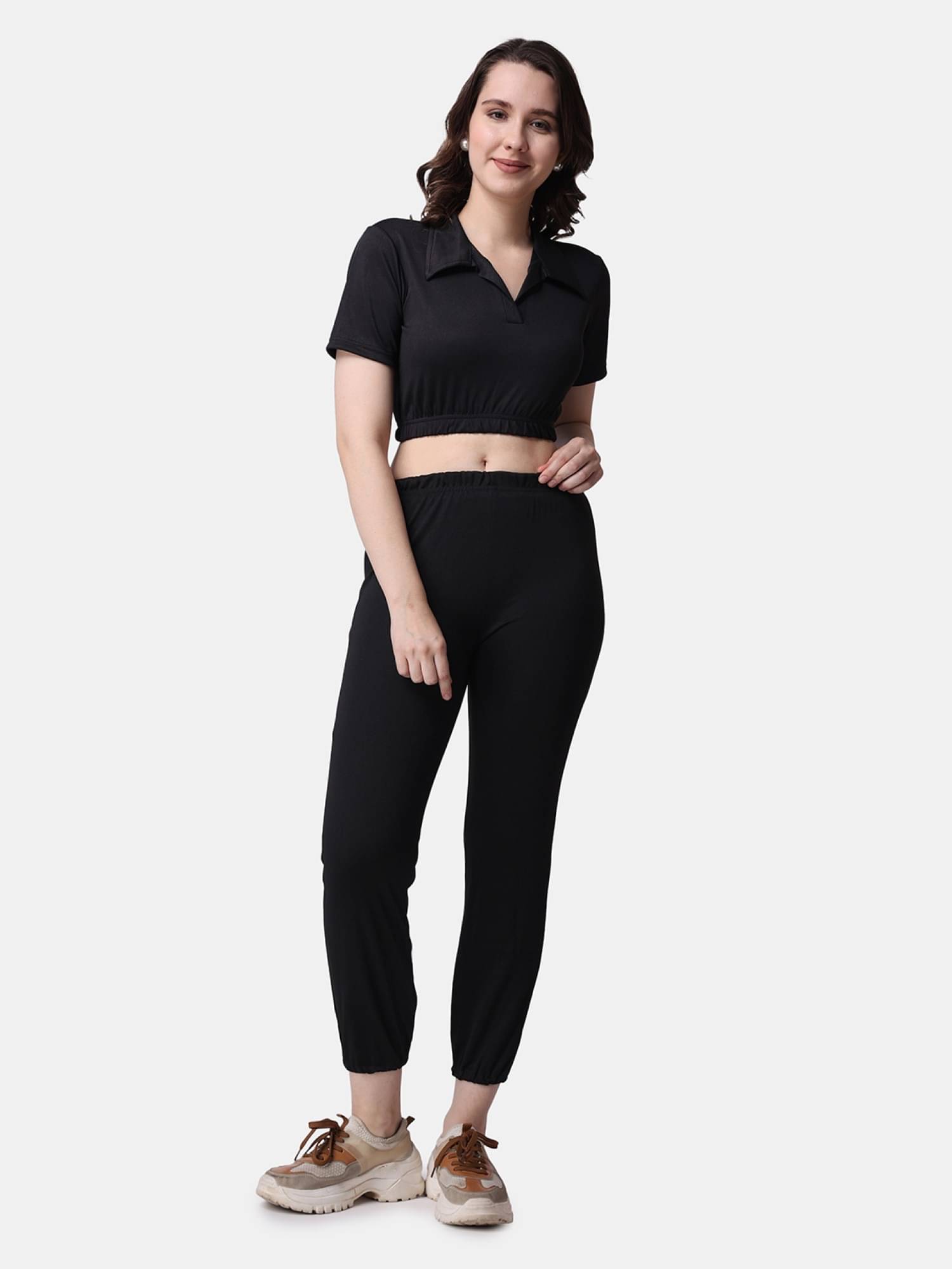     			POPWINGS Women Solid Top With Joggers Co-Ord Set ( Black )