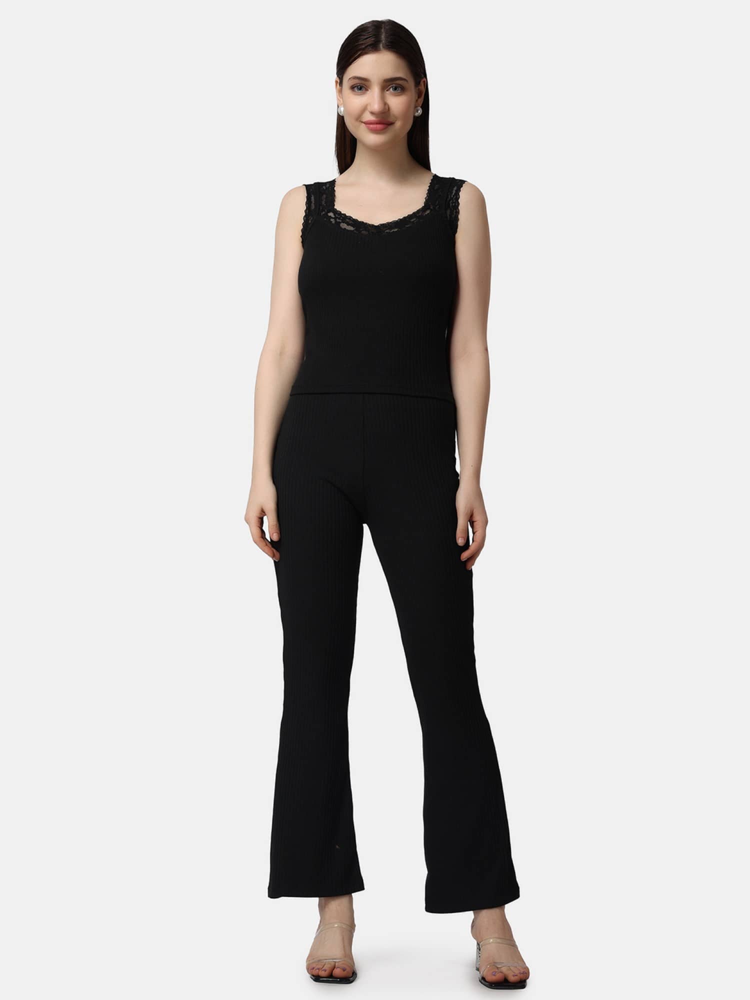 POPWINGS Women Solid Top With Trousers Co-Ord Set ( Black )