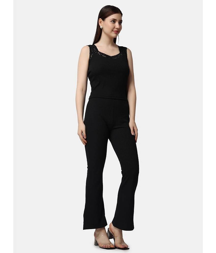 POPWINGS Women Solid Top With Trousers Co-Ord Set ( Black )