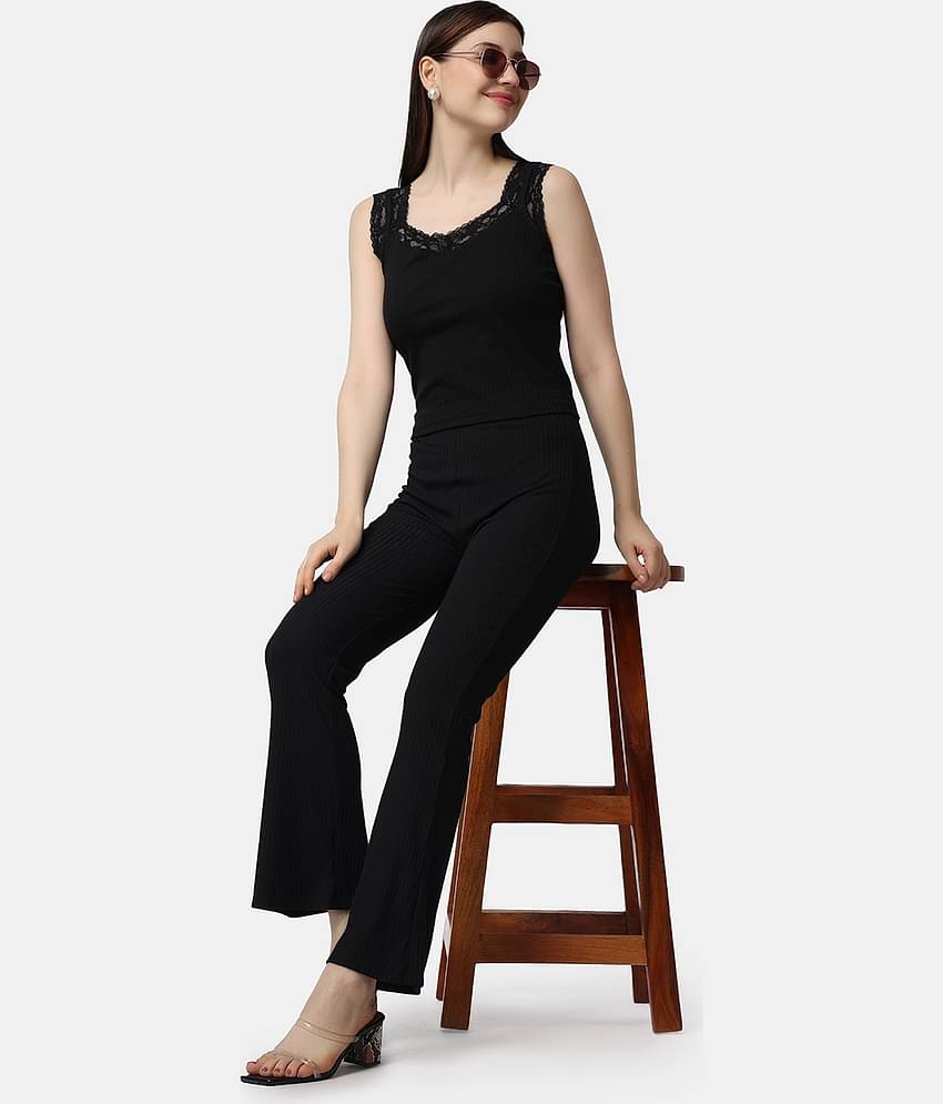 POPWINGS Women Solid Top With Trousers Co-Ord Set ( Black )