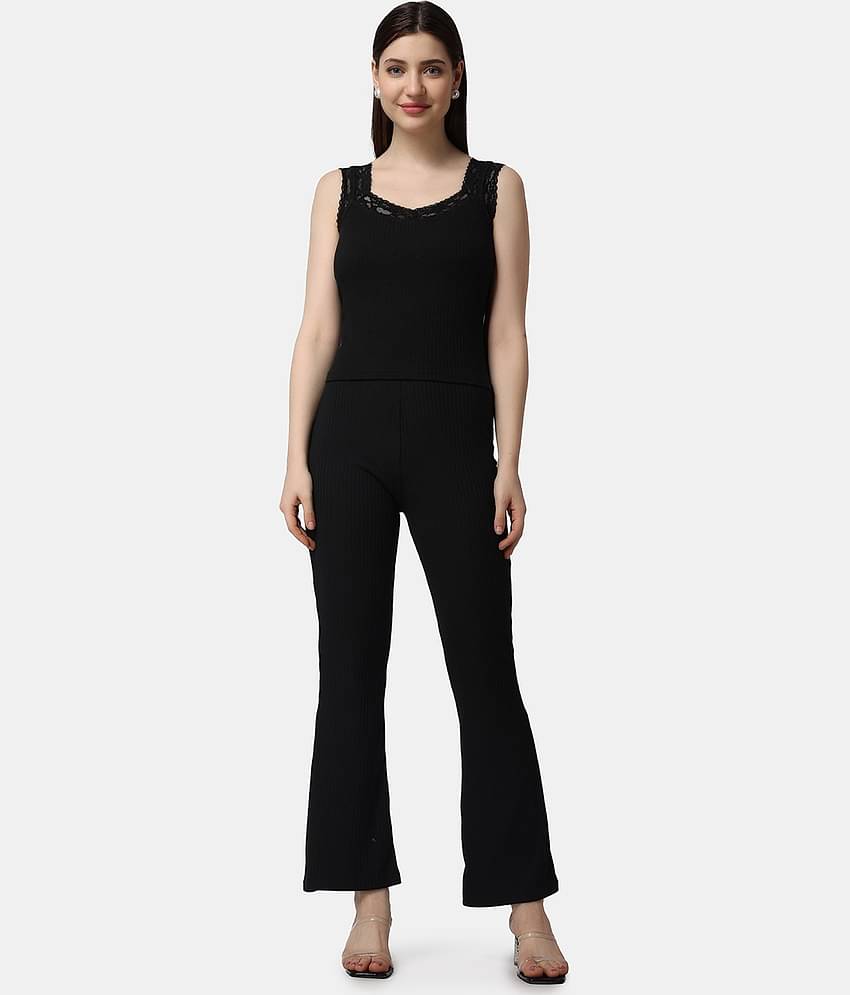 POPWINGS Women Solid Top With Trousers Co-Ord Set ( Black )