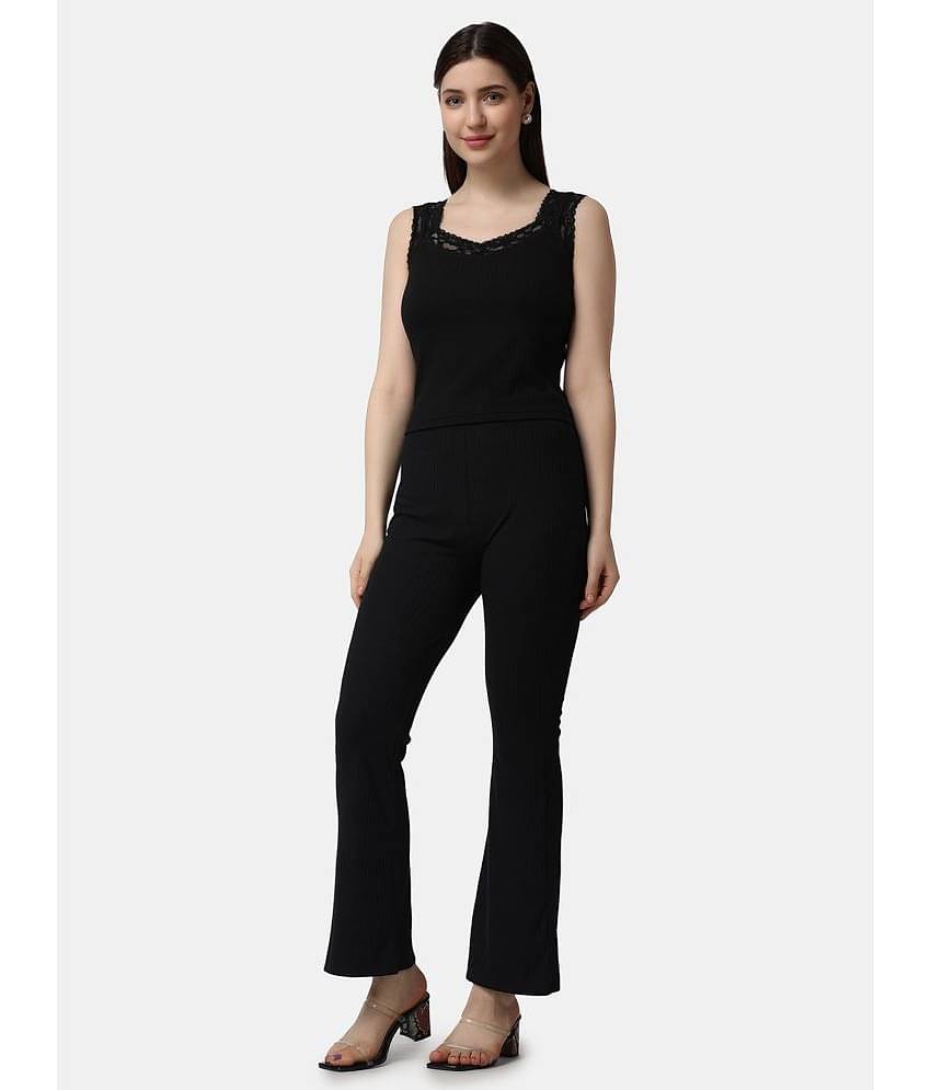 POPWINGS Women Solid Top With Trousers Co-Ord Set ( Black )
