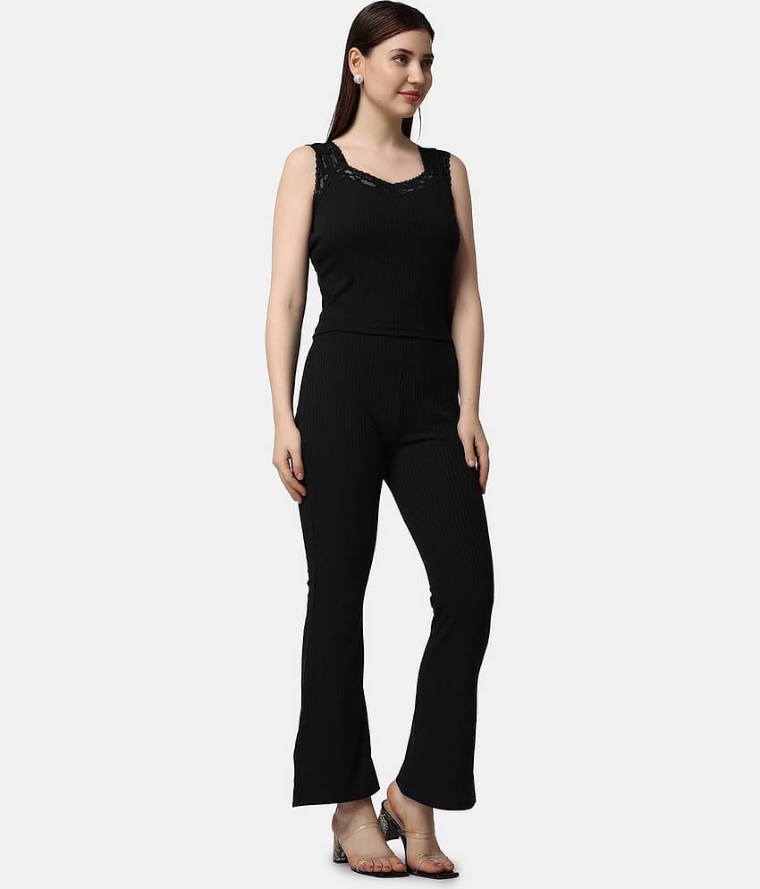 POPWINGS Women Solid Top With Trousers Co-Ord Set ( Black )