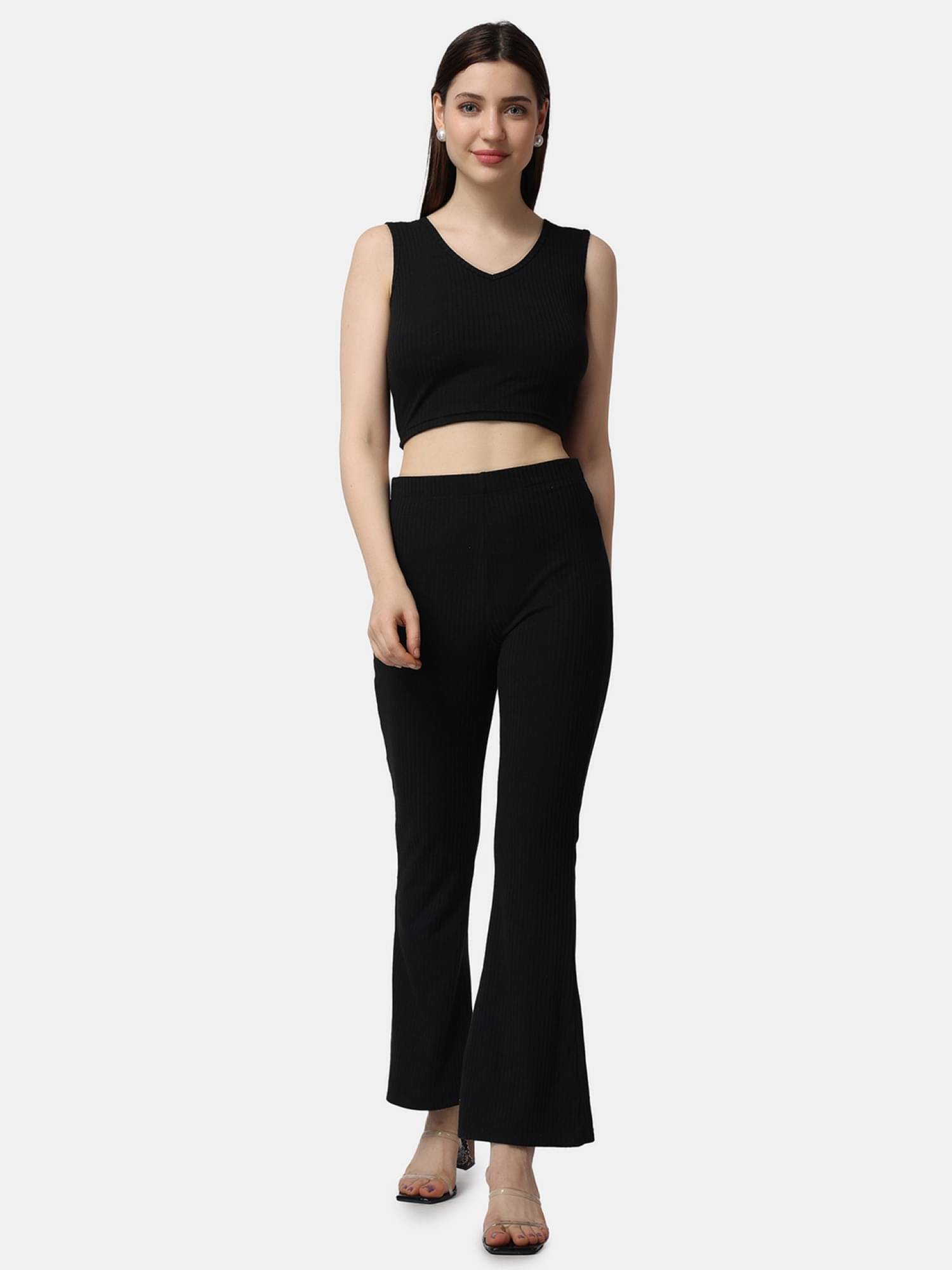     			POPWINGS Women Solid Top With Trousers Co-Ord Set ( Black )
