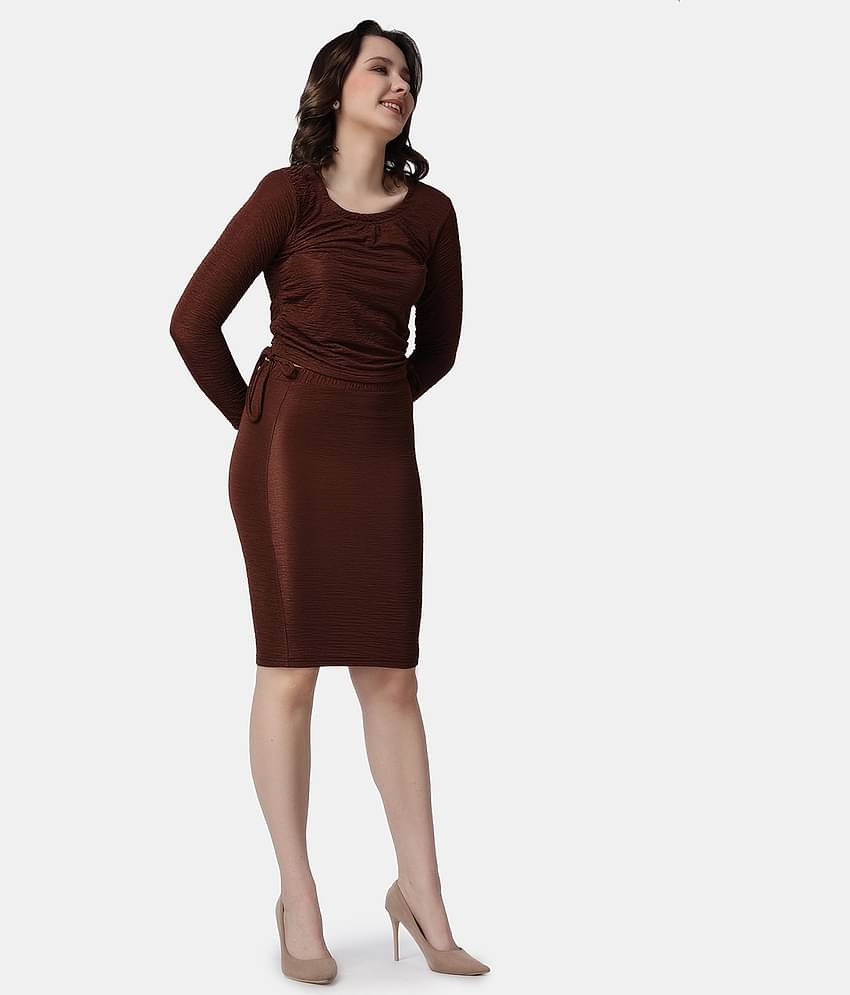 POPWINGS Women Solid Top With Skirt Co-Ord Set ( Brown )