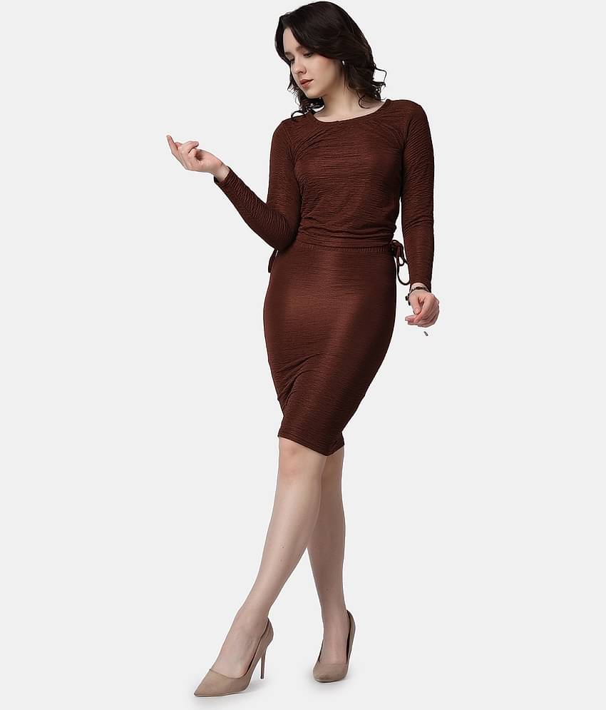 POPWINGS Women Solid Top With Skirt Co-Ord Set ( Brown )