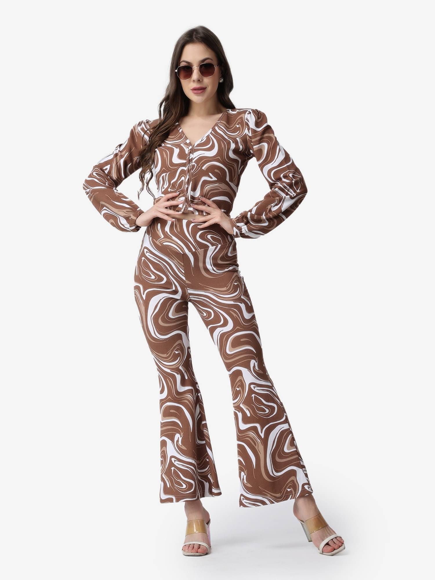    			POPWINGS Women Printed Top With Trousers Co-Ord Set ( Coffee )