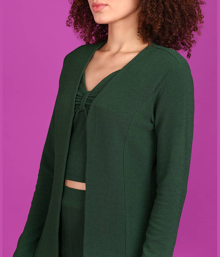 POPWINGS Women Solid Coat With Trousers Co-Ord Set ( Green )