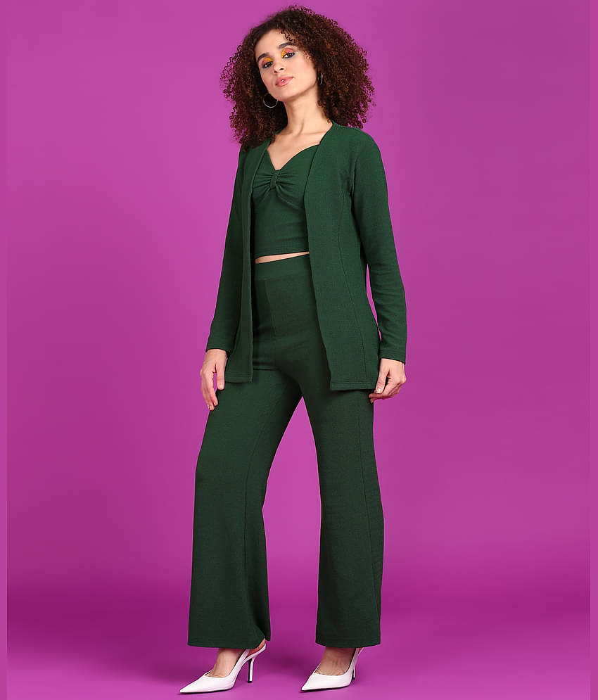 POPWINGS Women Solid Coat With Trousers Co-Ord Set ( Green )