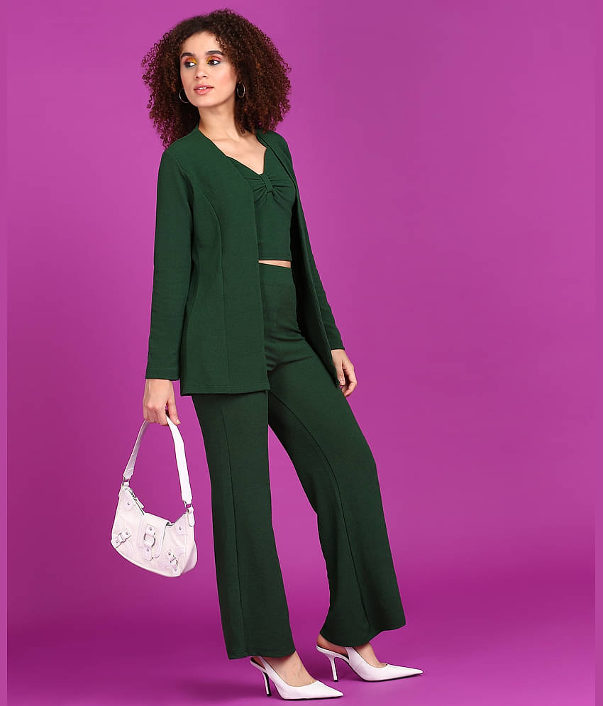 POPWINGS Women Solid Coat With Trousers Co-Ord Set ( Green )
