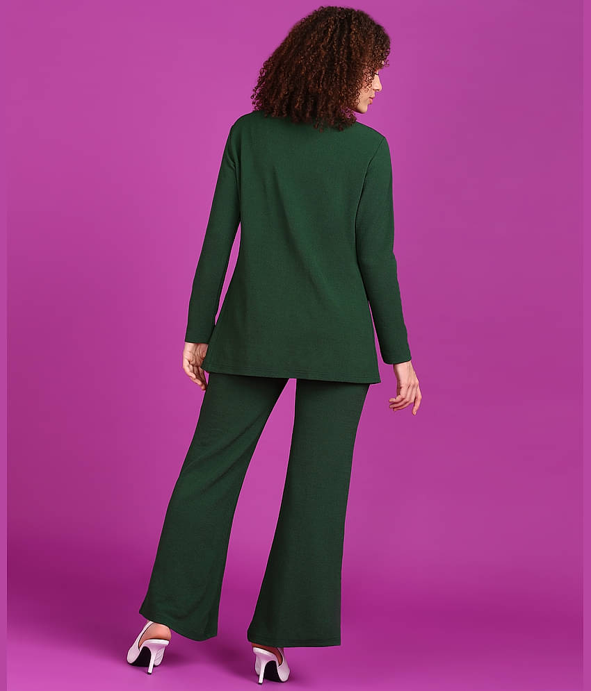 POPWINGS Women Solid Coat With Trousers Co-Ord Set ( Green )