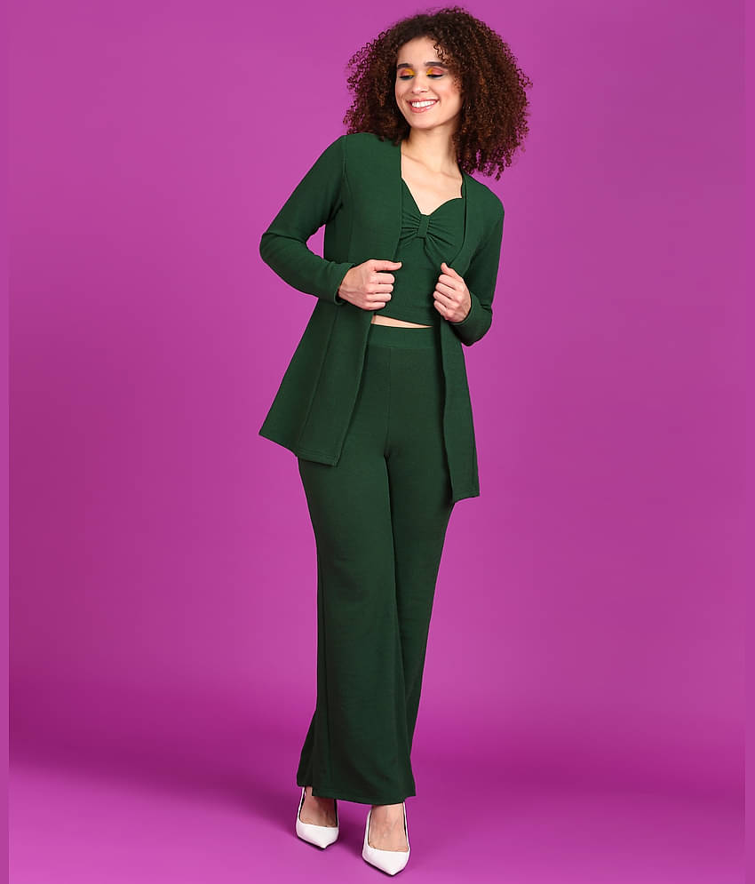 POPWINGS Women Solid Coat With Trousers Co-Ord Set ( Green )