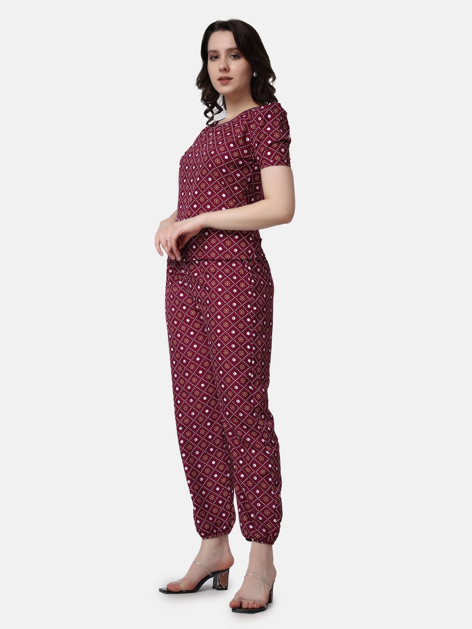     			POPWINGS Women Printed Top With Joggers Co-Ord Set ( Maroon )