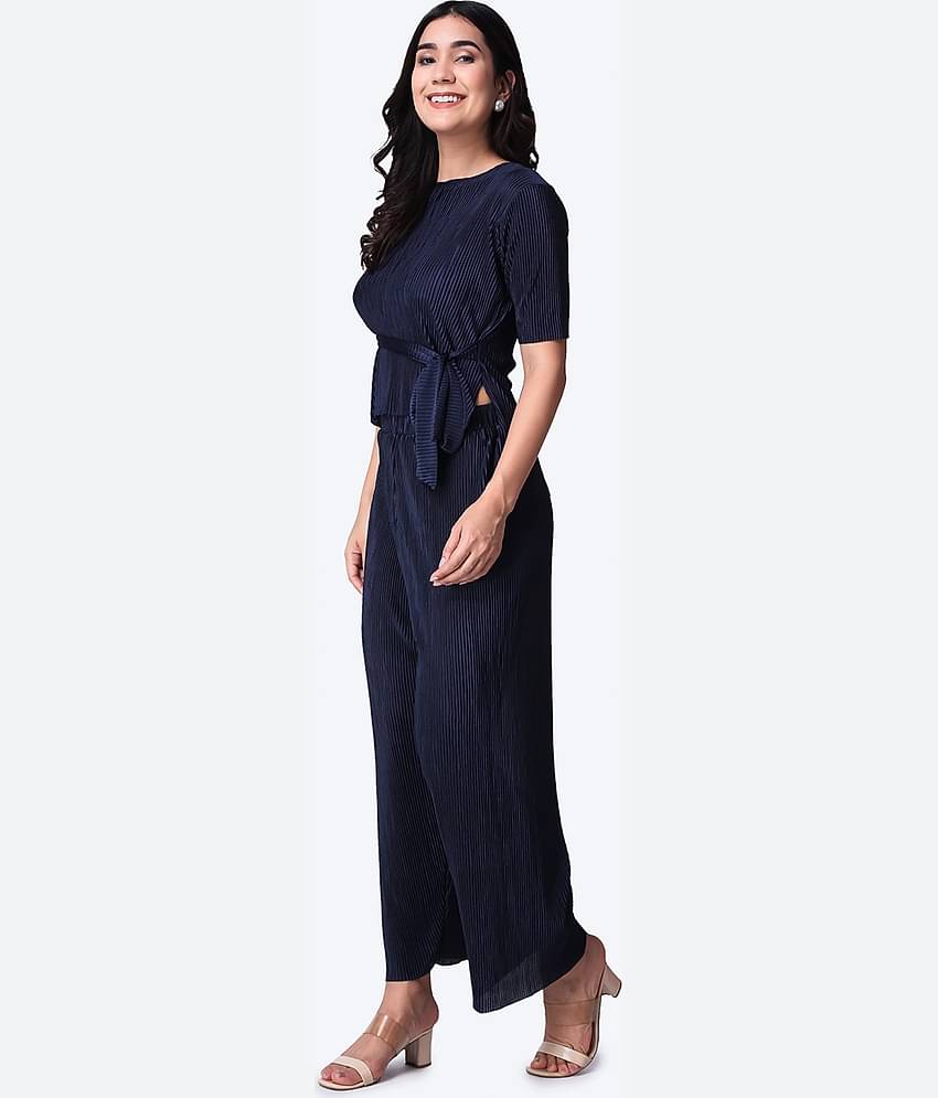 POPWINGS Women Solid Top With Trousers Co-Ord Set ( Purple )