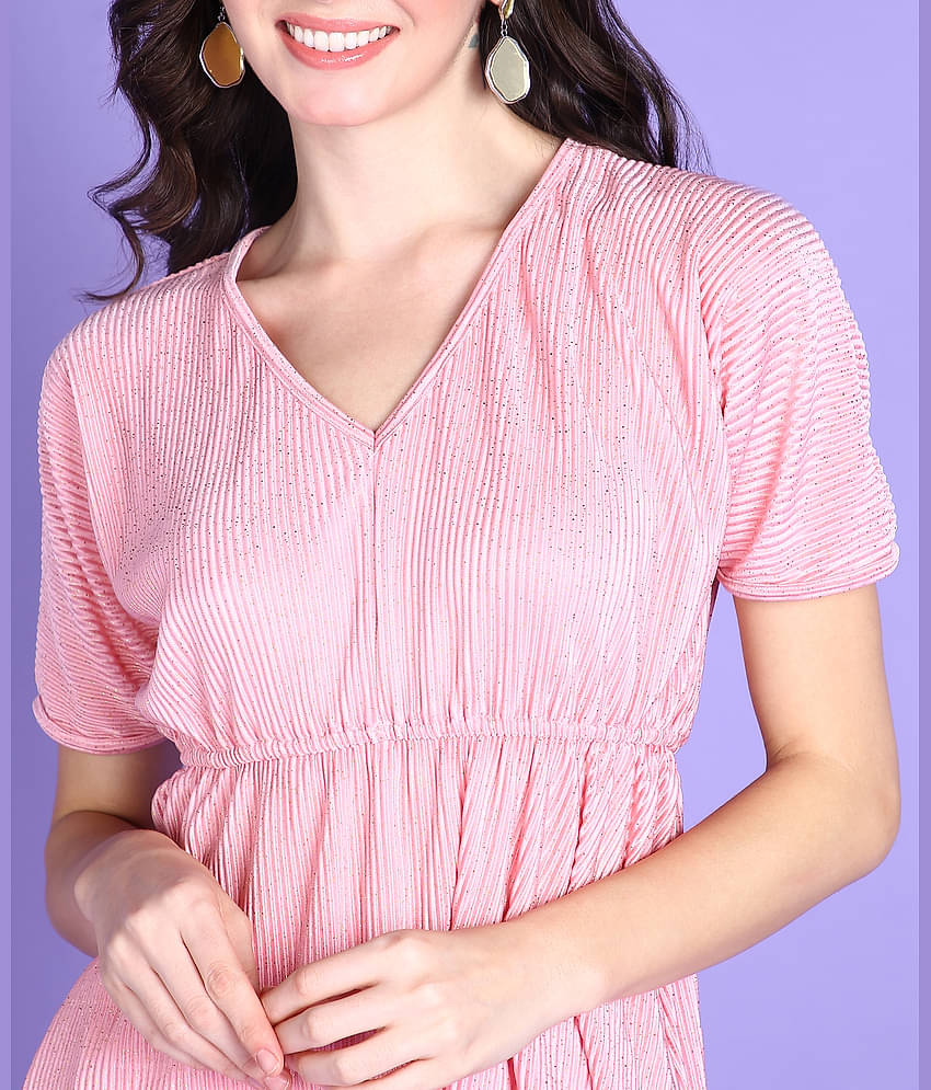 POPWINGS Women Solid Top With Skirt Co-Ord Set ( Pink )