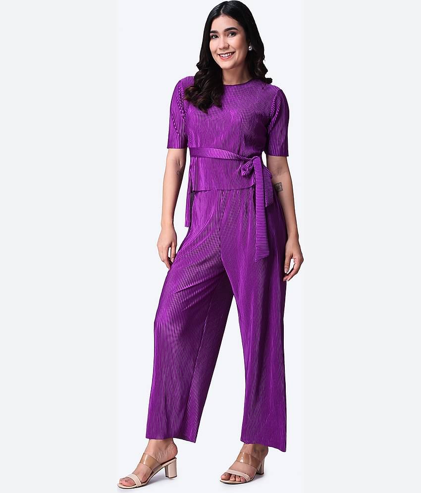 POPWINGS Women Solid Top With Trousers Co-Ord Set ( Purple )