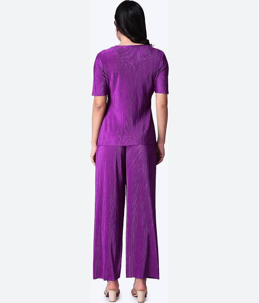 POPWINGS Women Solid Top With Trousers Co-Ord Set ( Purple )