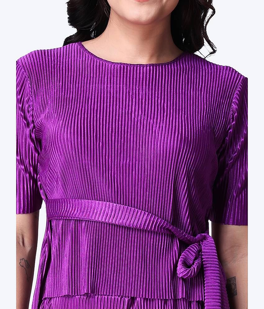 POPWINGS Women Solid Top With Trousers Co-Ord Set ( Purple )