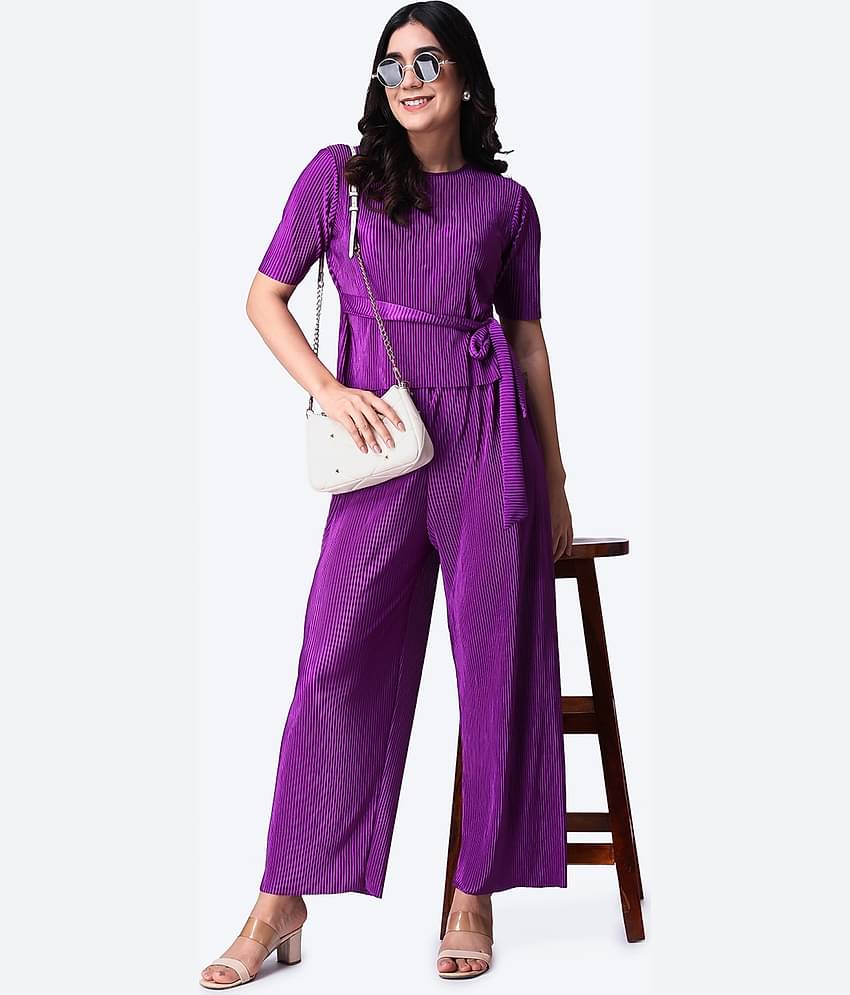 POPWINGS Women Solid Top With Trousers Co-Ord Set ( Purple )