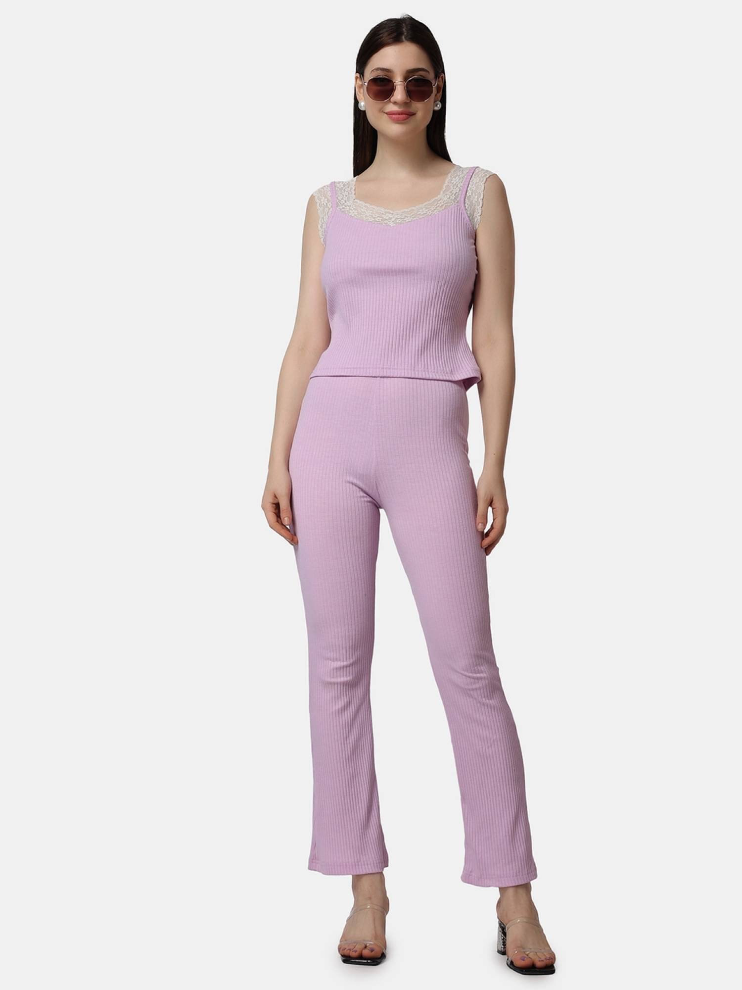     			POPWINGS Women Solid Top With Trousers Co-Ord Set ( Purple )