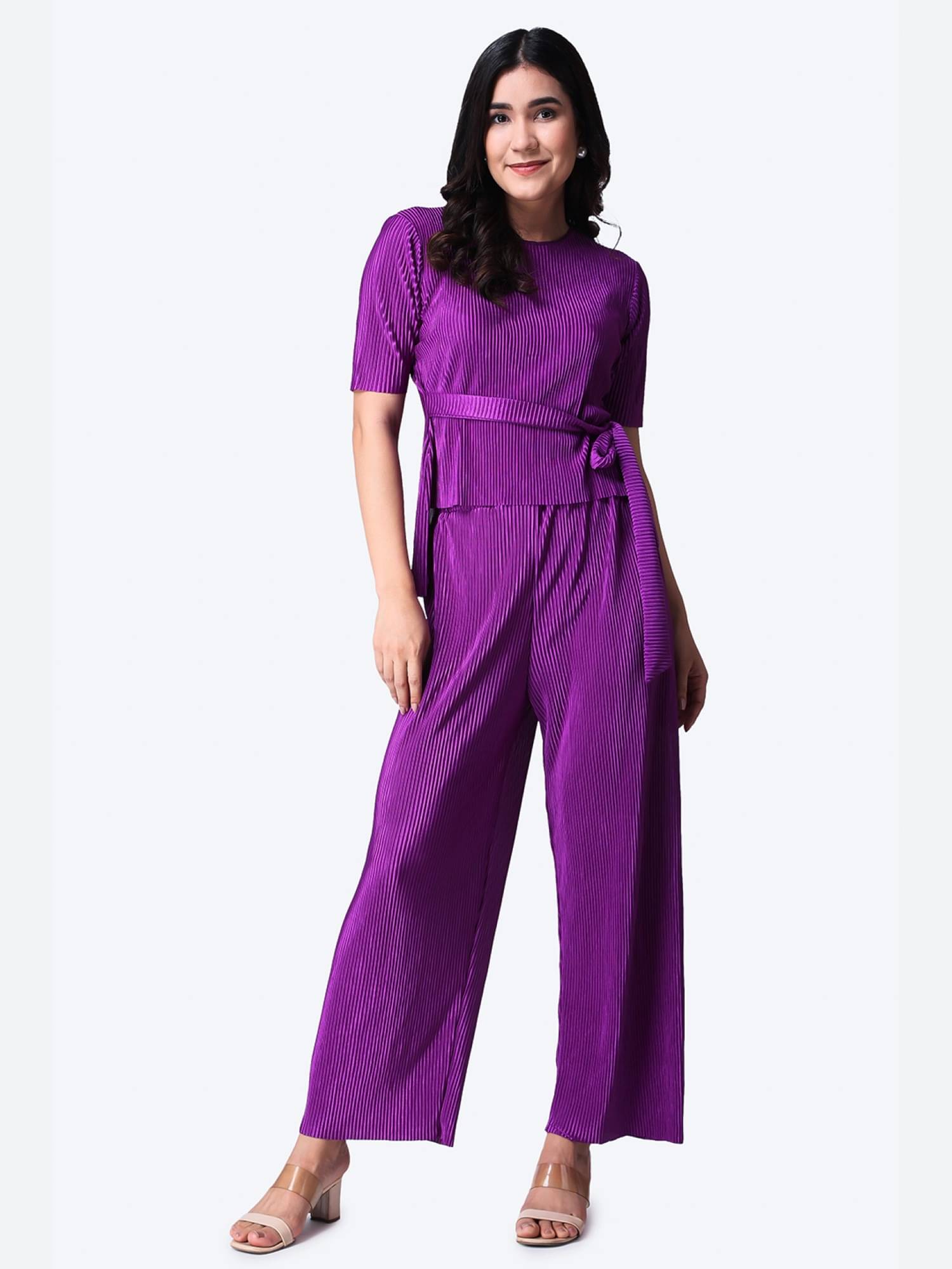     			POPWINGS Women Solid Top With Trousers Co-Ord Set ( Purple )