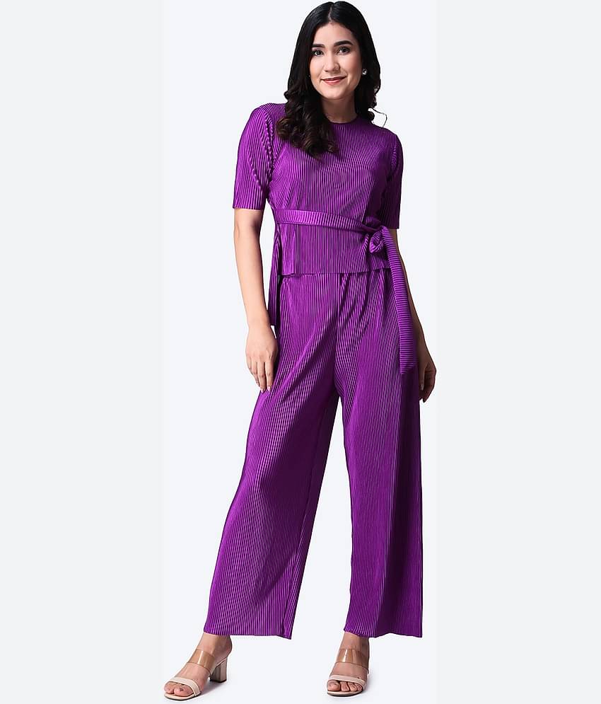 POPWINGS Women Solid Top With Trousers Co-Ord Set ( Purple )