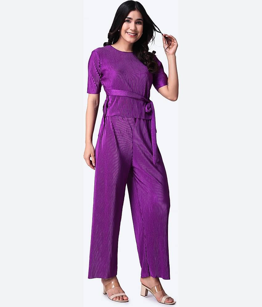 POPWINGS Women Solid Top With Trousers Co-Ord Set ( Purple )