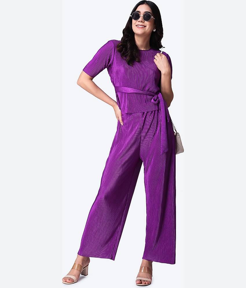 POPWINGS Women Solid Top With Trousers Co-Ord Set ( Purple )