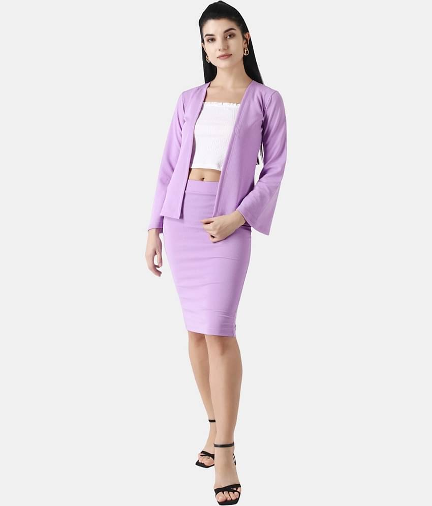POPWINGS Women Solid Coat With Skirt Co-Ord Set ( Purple )