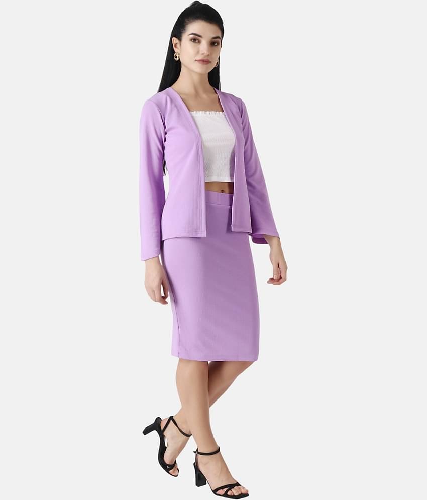 POPWINGS Women Solid Coat With Skirt Co-Ord Set ( Purple )