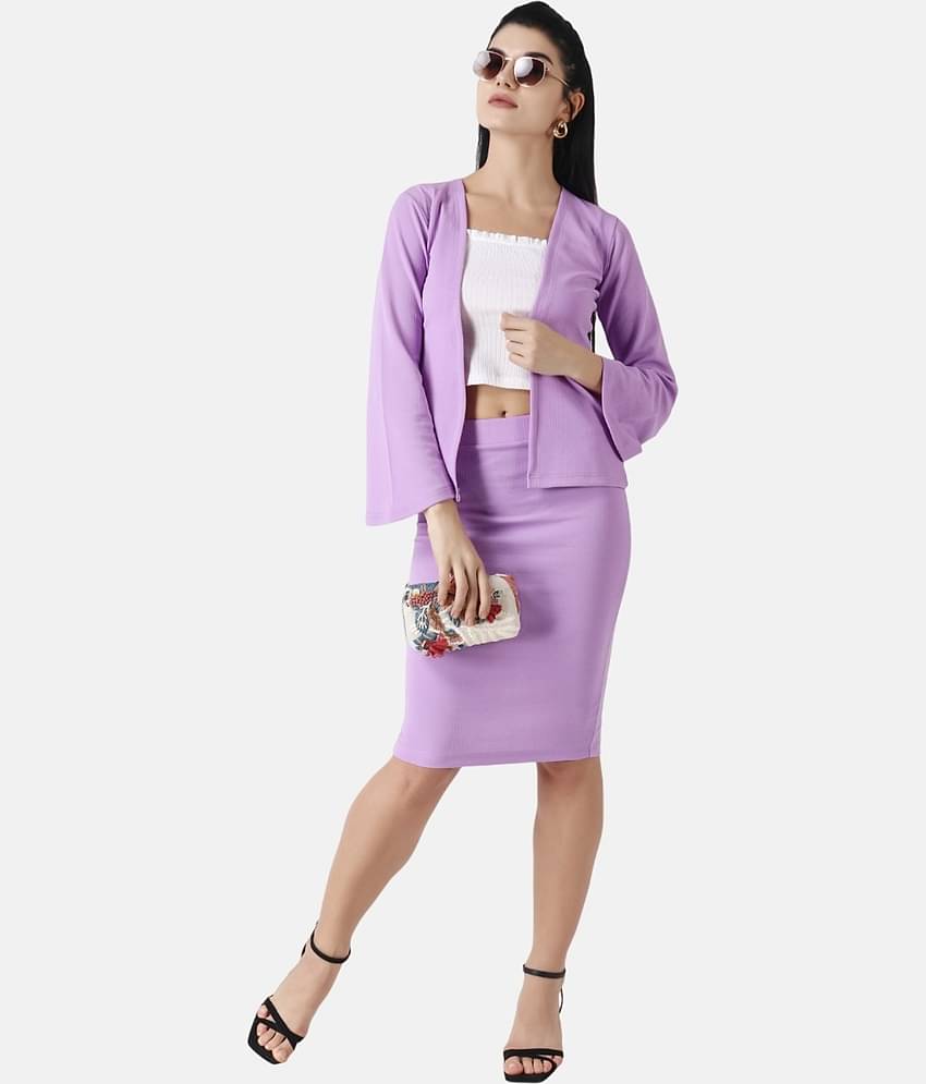 POPWINGS Women Solid Coat With Skirt Co-Ord Set ( Purple )