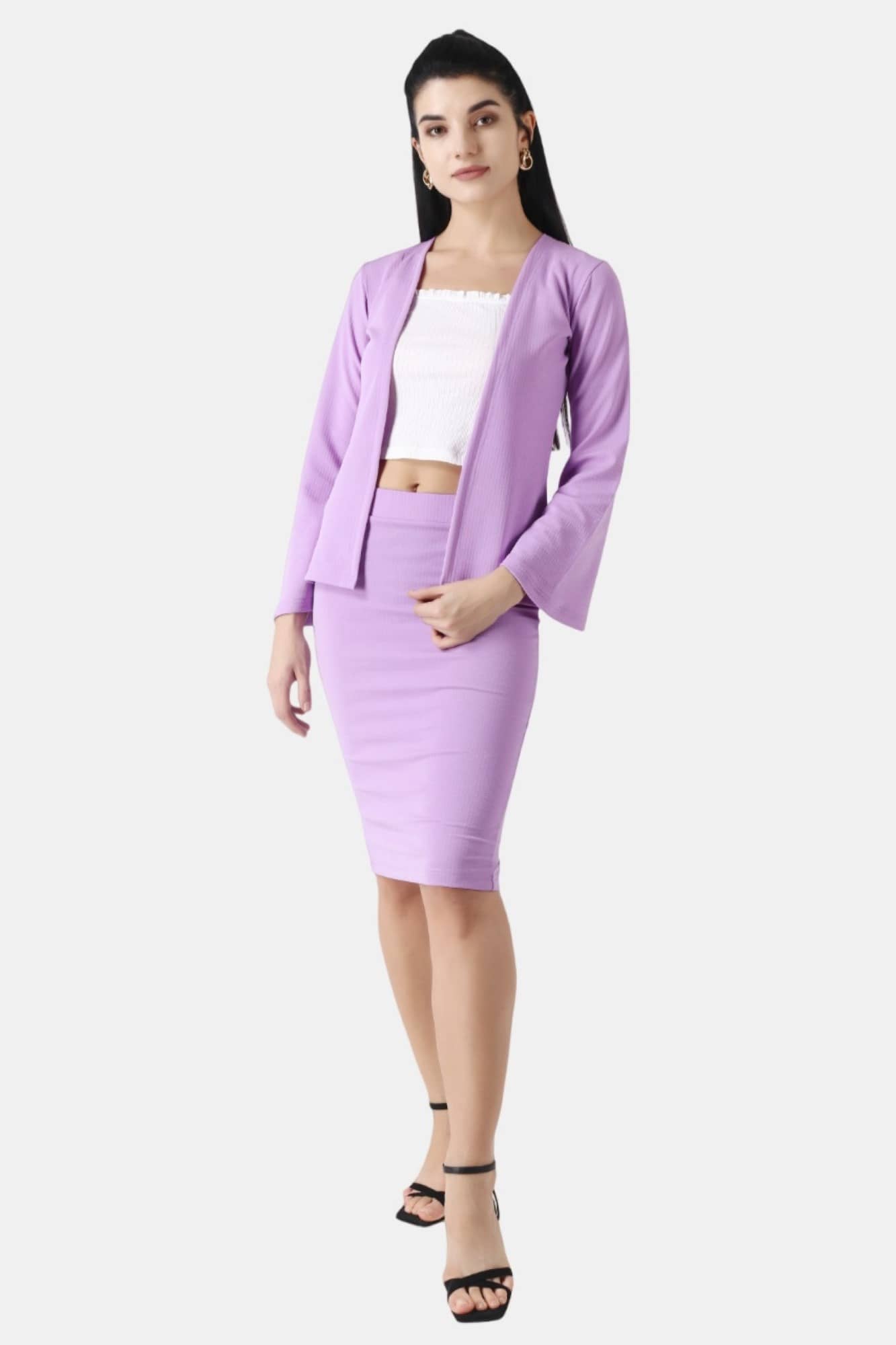 POPWINGS Women Solid Coat With Skirt Co-Ord Set ( Purple )