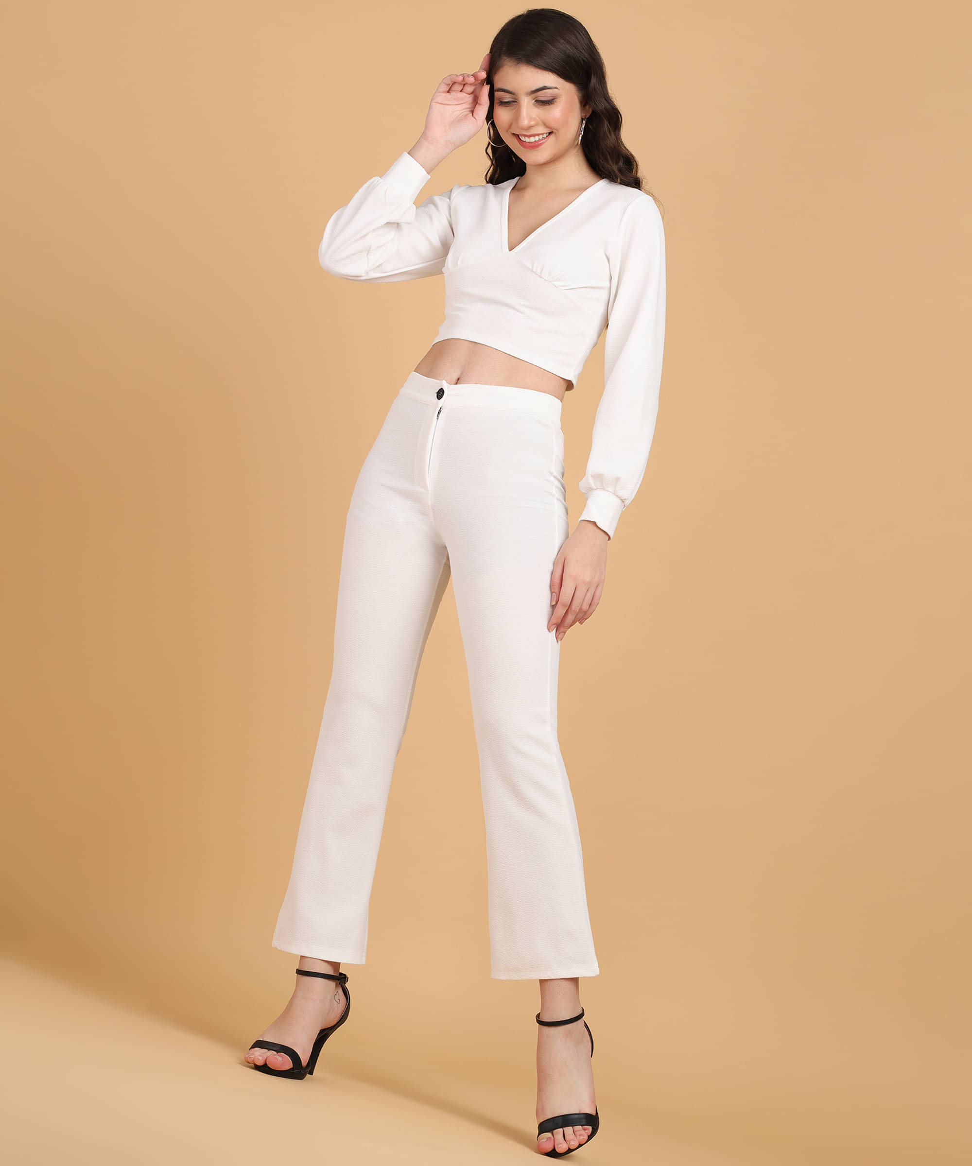     			POPWINGS Women Solid Top With Trousers Co-Ord Set ( White )