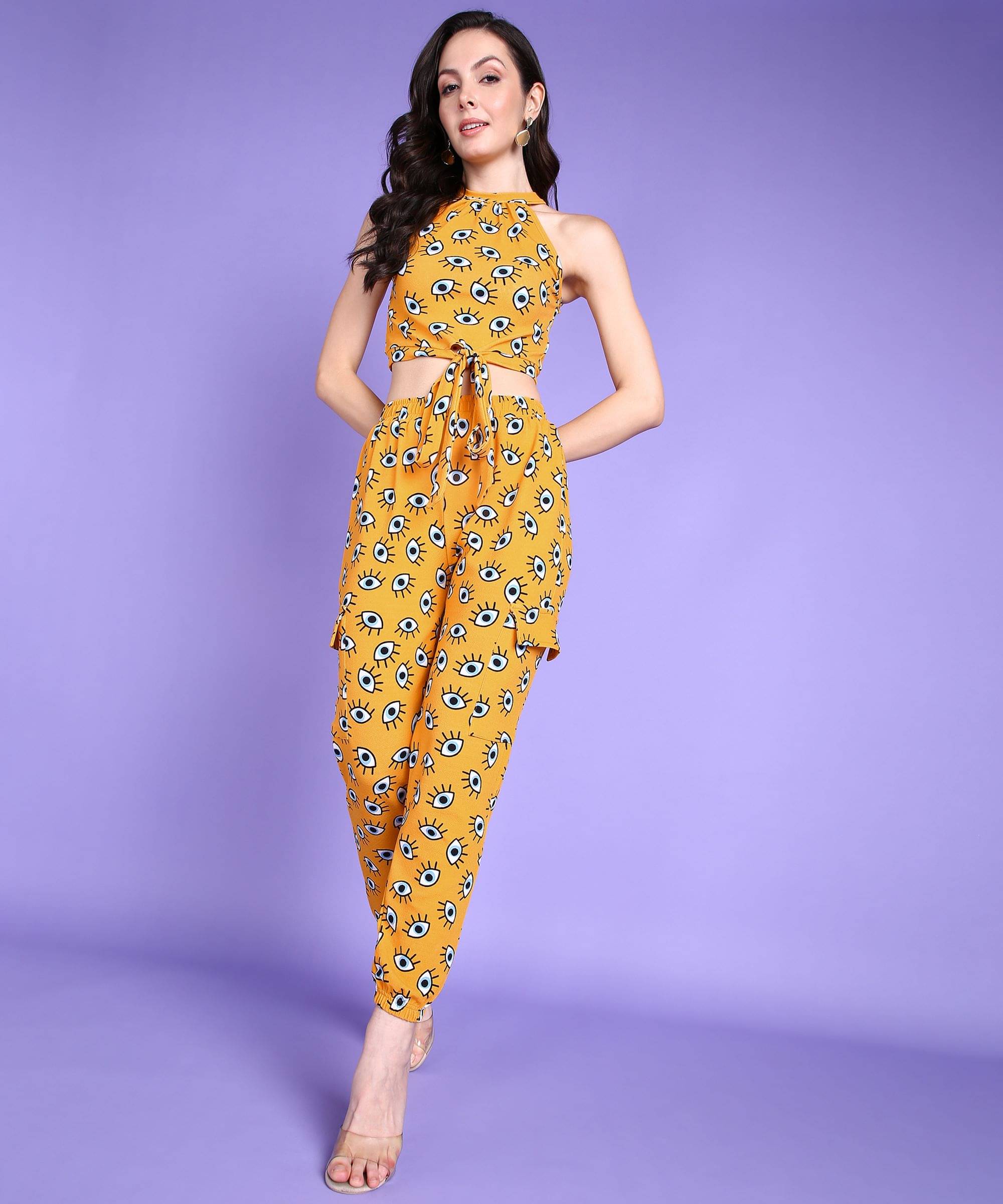     			POPWINGS Women Printed Top With Joggers Co-Ord Set ( Yellow )