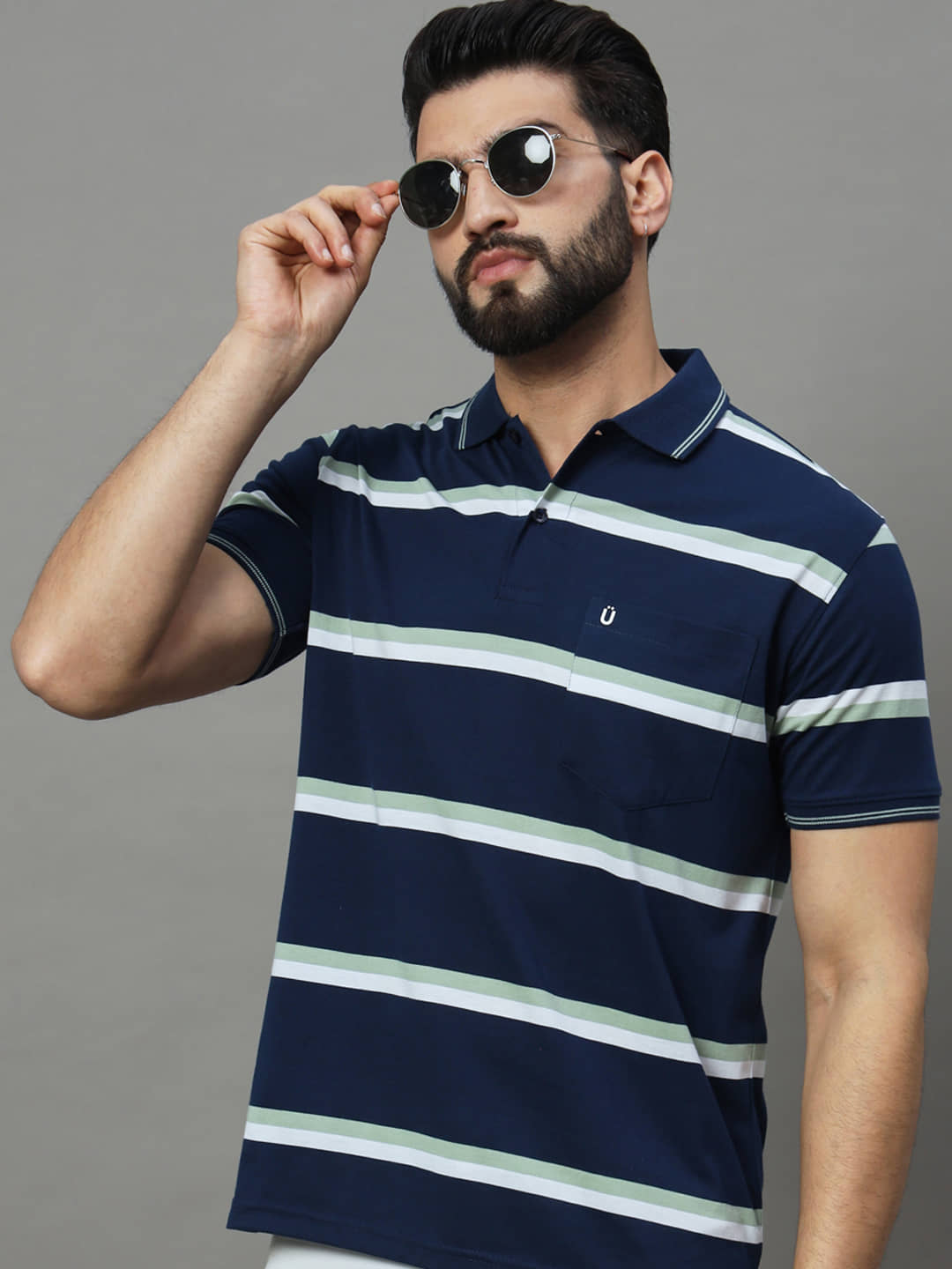 UNIBERRY Pack of 1 Cotton Blend Regular Fit Striped Half Sleeves Men's Polo T Shirt ( Navy Blue )