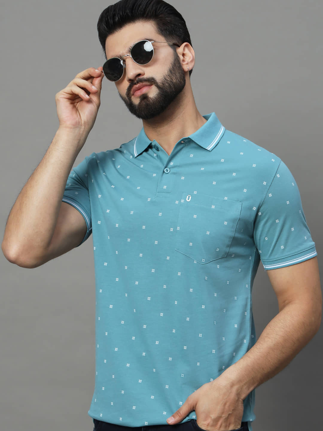 UNIBERRY Pack of 1 Cotton Blend Regular Fit Printed Half Sleeves Men's Polo T Shirt ( Teal Blue )