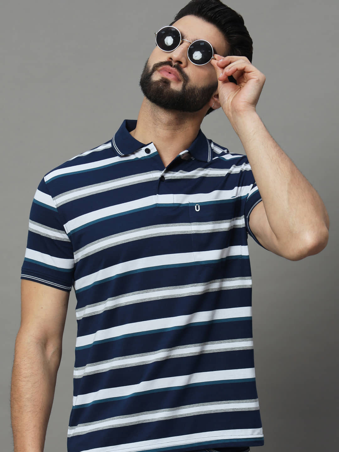 UNIBERRY Pack of 1 Cotton Blend Regular Fit Striped Half Sleeves Men's Polo T Shirt ( Navy Blue )