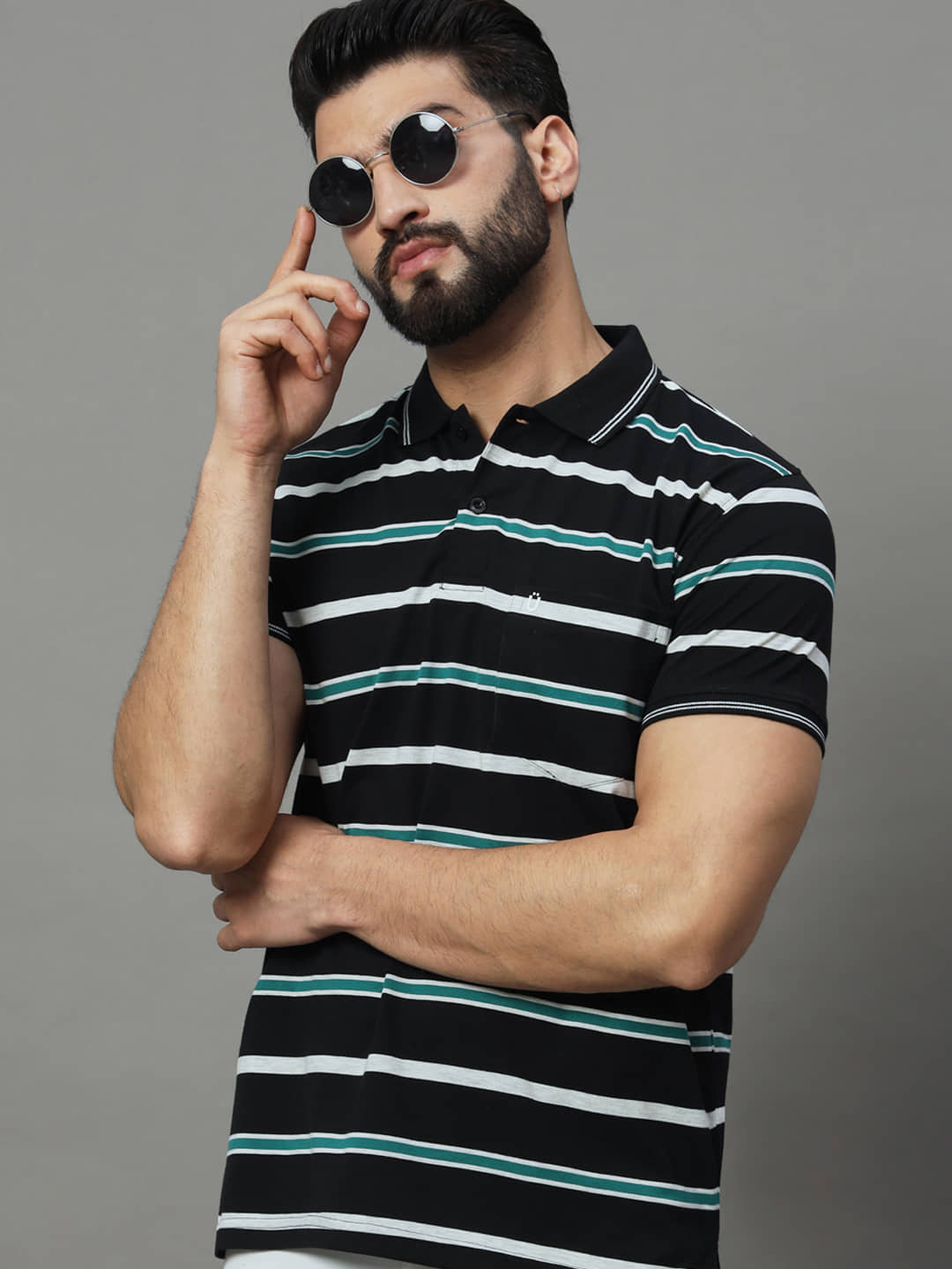 UNIBERRY Pack of 1 Cotton Blend Regular Fit Striped Half Sleeves Men's Polo T Shirt ( Black )