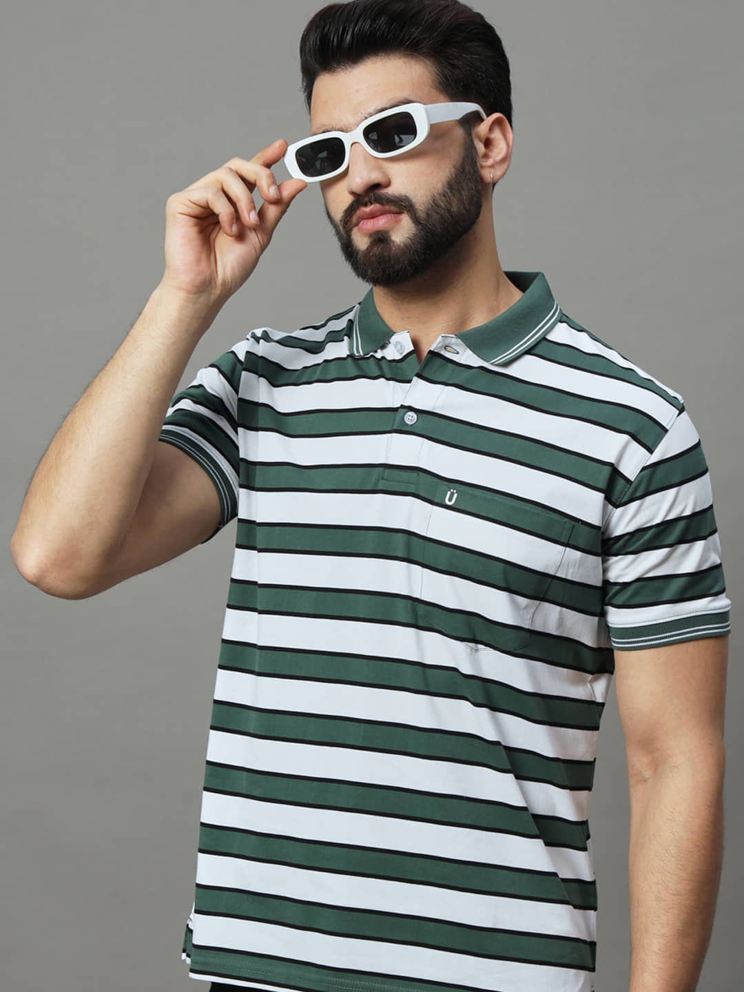 UNIBERRY Pack of 1 Cotton Blend Regular Fit Striped Half Sleeves Men's Polo T Shirt ( Green )