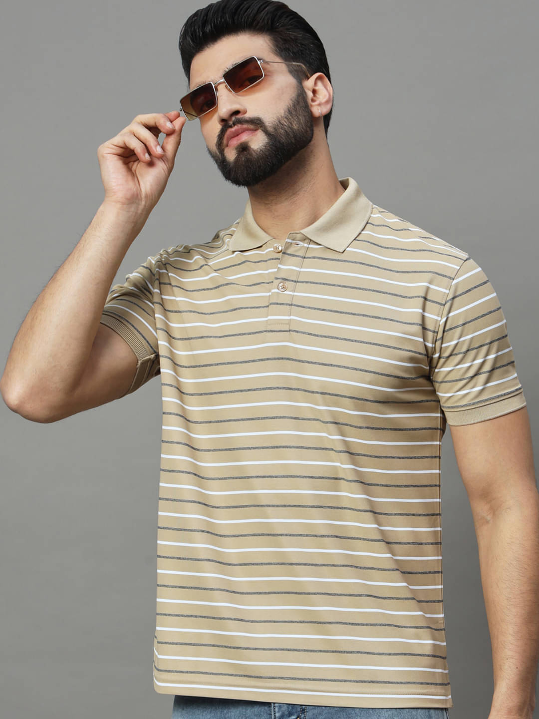 UNIBERRY Pack of 1 Cotton Blend Regular Fit Striped Half Sleeves Men's Polo T Shirt ( Beige ) UNIBERRY Pack of 1 Cotton Blend Regular Fit Striped Half Sleeves Men's Polo T Shirt ( Beige )