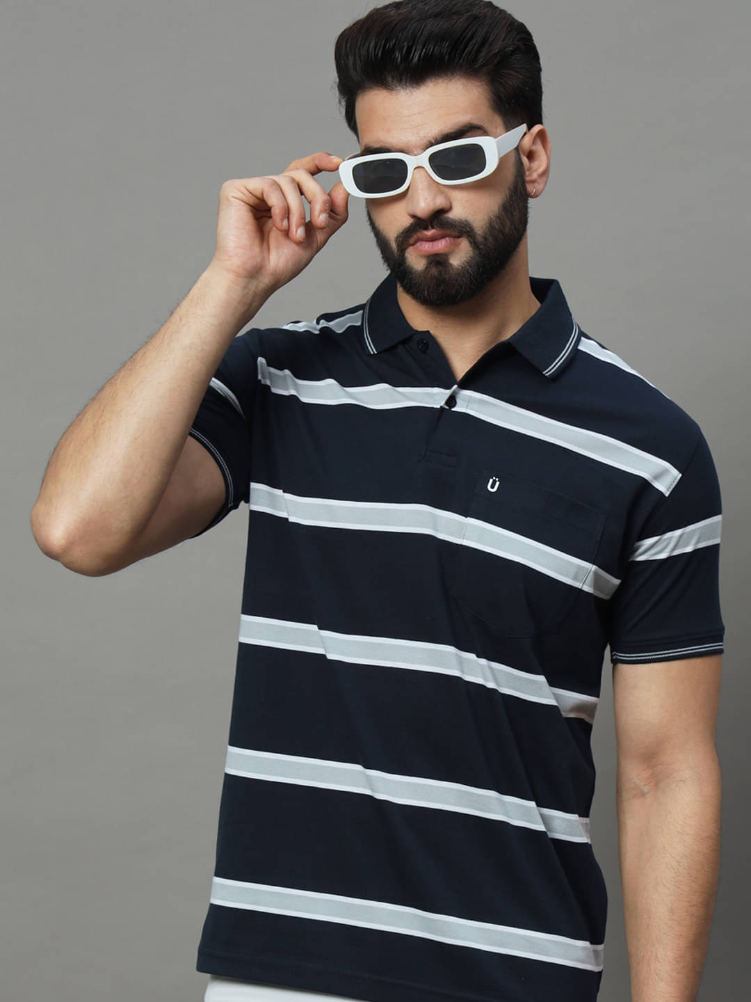 UNIBERRY Pack of 1 Cotton Blend Regular Fit Striped Half Sleeves Men's Polo T Shirt ( Navy Blue ) UNIBERRY Pack of 1 Cotton Blend Regular Fit Striped Half Sleeves Men's Polo T Shirt ( Navy Blue )