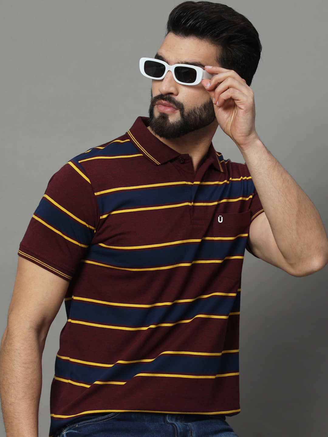 UNIBERRY Pack of 1 Cotton Blend Regular Fit Striped Half Sleeves Men's Polo T Shirt ( Maroon )