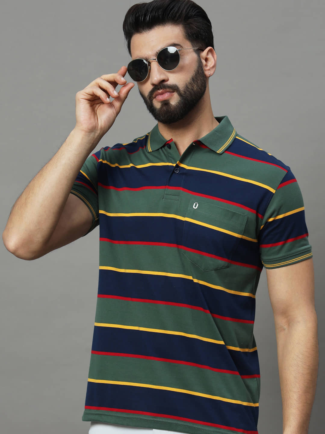 UNIBERRY Pack of 1 Cotton Blend Regular Fit Striped Half Sleeves Men's Polo T Shirt ( Navy Blue )