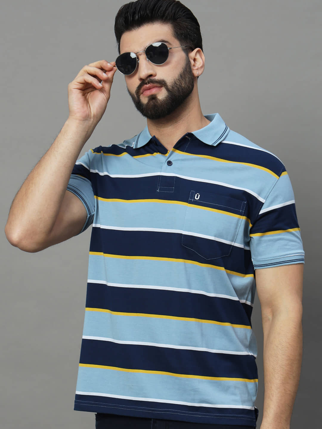UNIBERRY Pack of 1 Cotton Blend Regular Fit Striped Half Sleeves Men's Polo T Shirt ( Sky Blue )