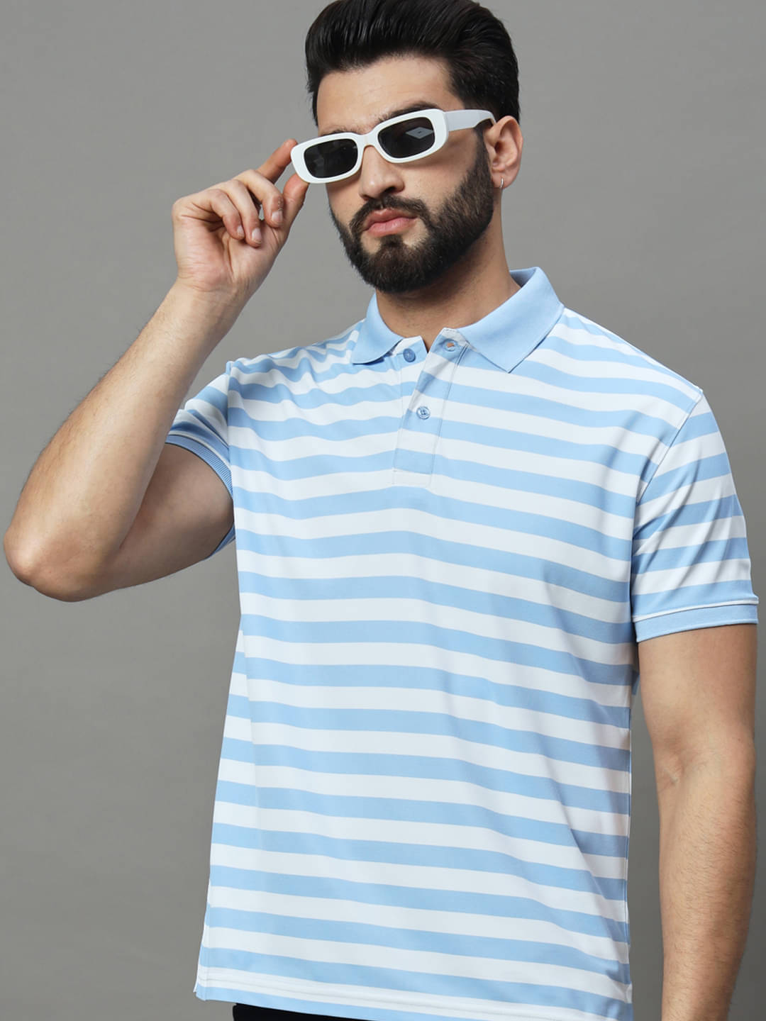 UNIBERRY Pack of 1 Cotton Blend Regular Fit Striped Half Sleeves Men's Polo T Shirt ( Sky Blue ) UNIBERRY Pack of 1 Cotton Blend Regular Fit Striped Half Sleeves Men's Polo T Shirt ( Sky Blue )