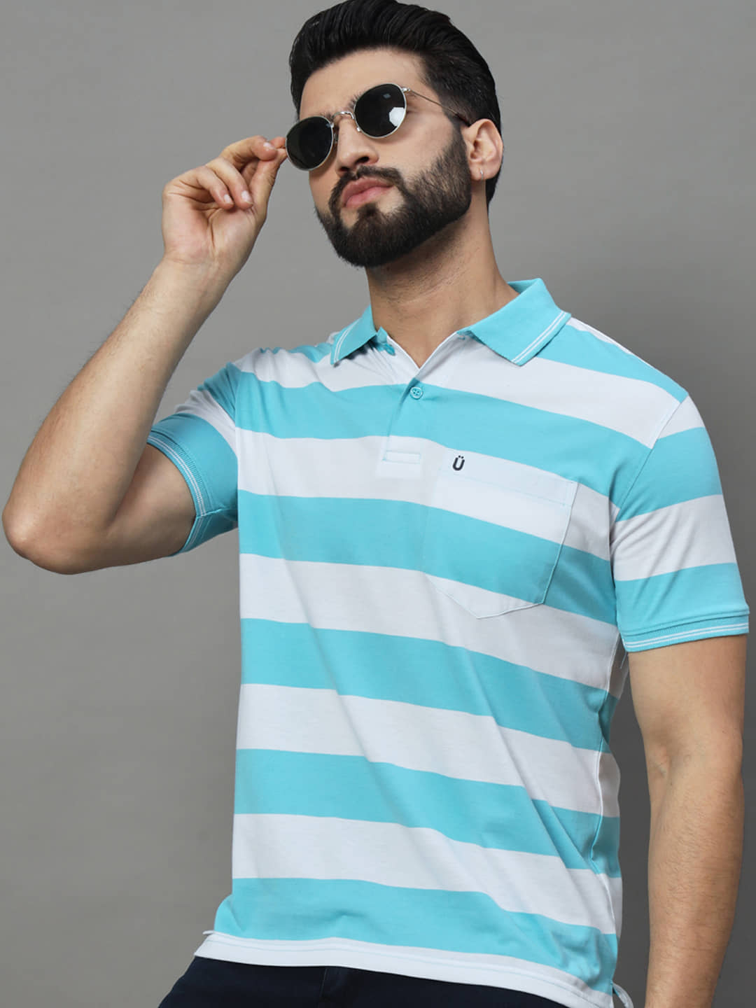 UNIBERRY Pack of 1 Cotton Blend Regular Fit Striped Half Sleeves Men's Polo T Shirt ( Sky Blue )