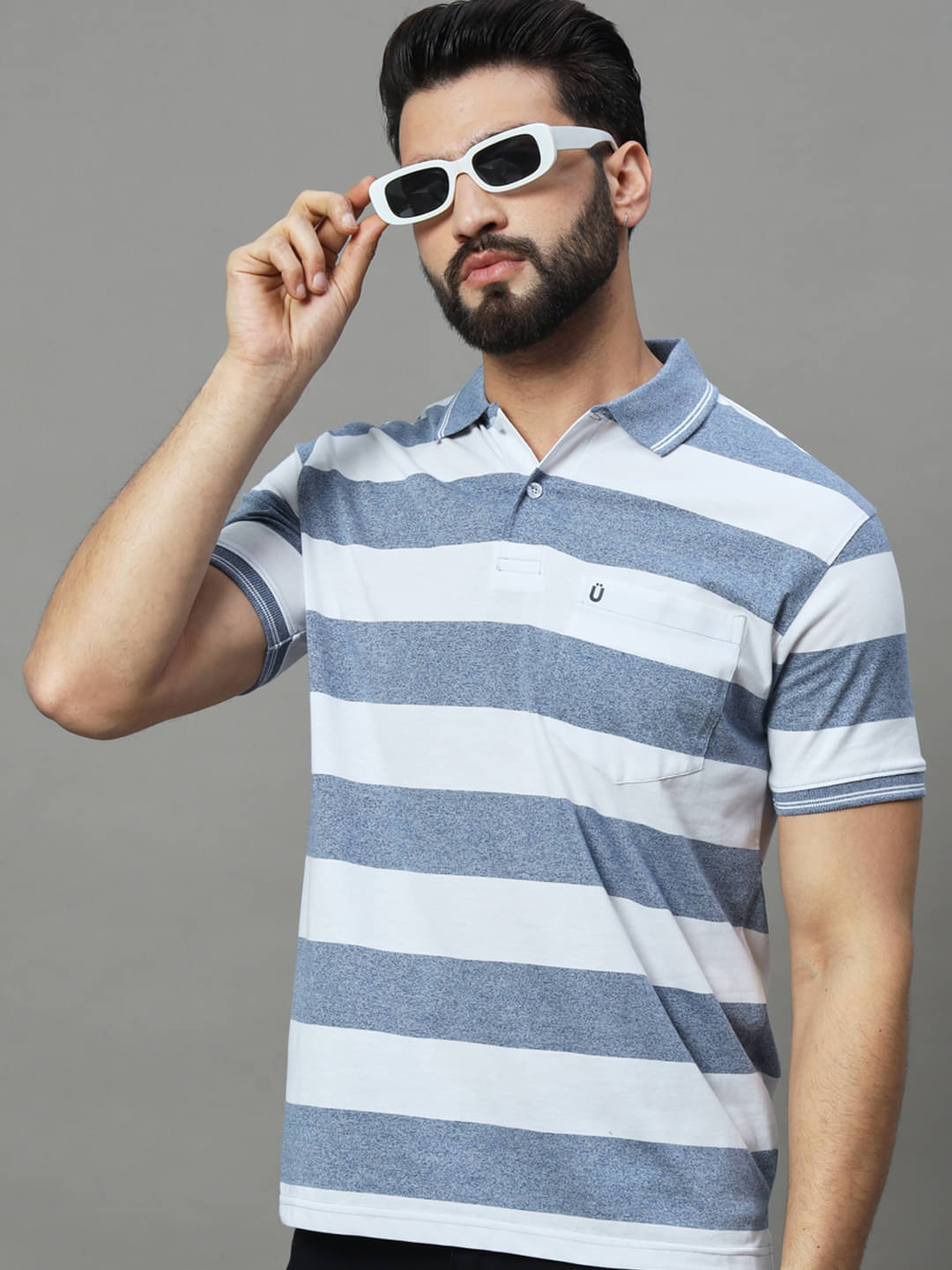     			UNIBERRY Pack of 1 Cotton Blend Regular Fit Striped Half Sleeves Men's Polo T Shirt ( Light Blue )