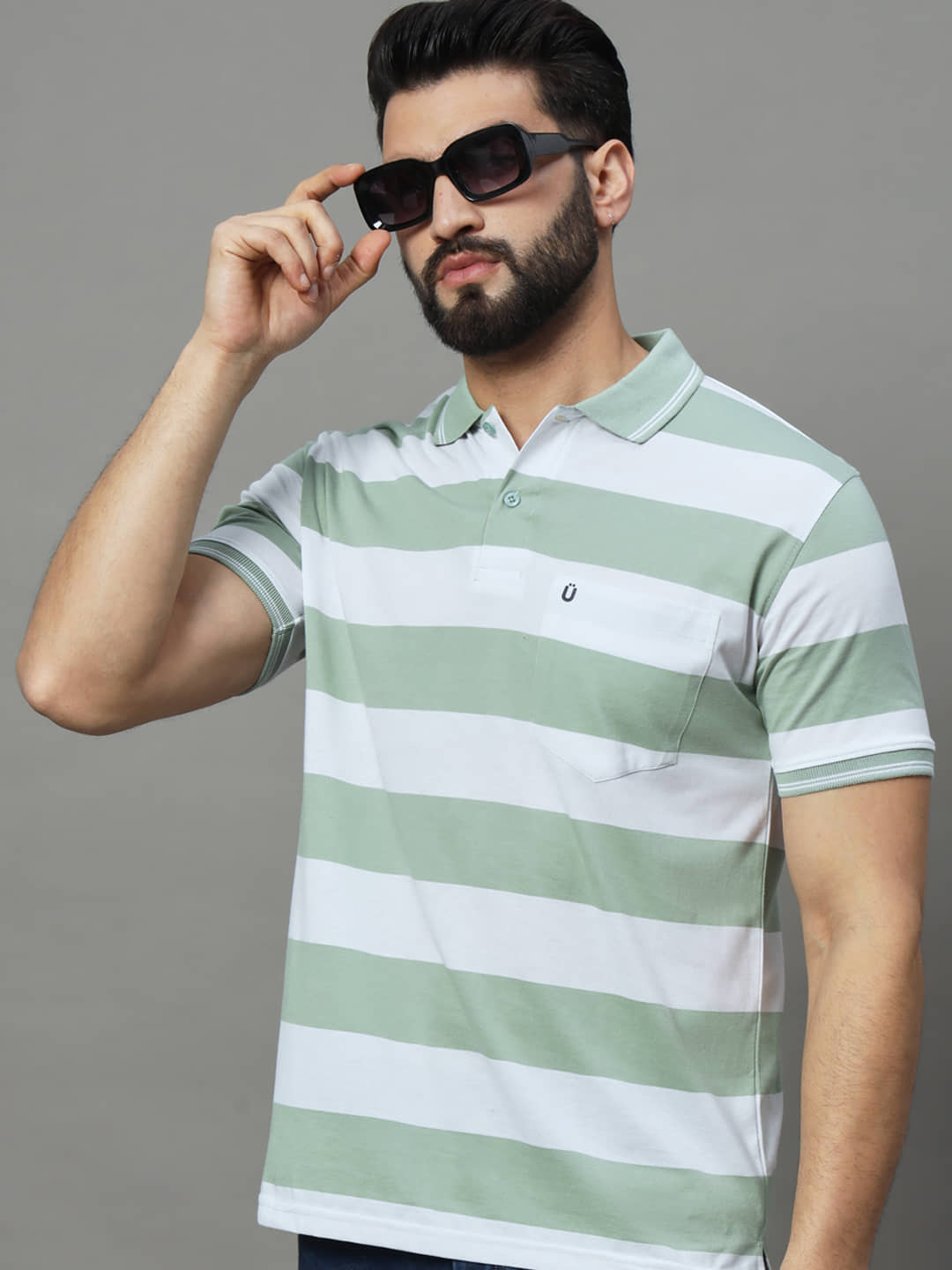 UNIBERRY Pack of 1 Cotton Blend Regular Fit Striped Half Sleeves Men's Polo T Shirt ( Mint Green )
