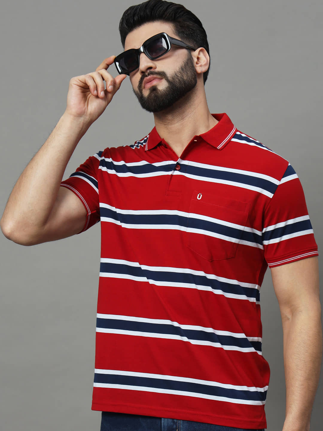 UNIBERRY Pack of 1 Cotton Blend Regular Fit Striped Half Sleeves Men's Polo T Shirt ( Red )