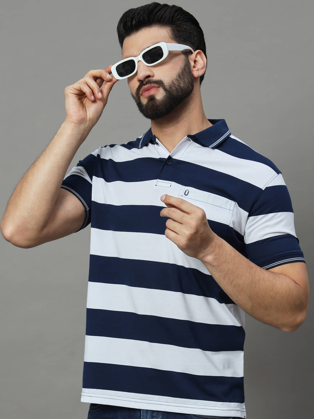 UNIBERRY Pack of 1 Cotton Blend Regular Fit Striped Half Sleeves Men's Polo T Shirt ( Navy Blue )